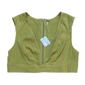 FREE PEOPLE Olive Green Linen Sleeveless Zip-Front‎ Crop Top Size 10 NWT $148.00